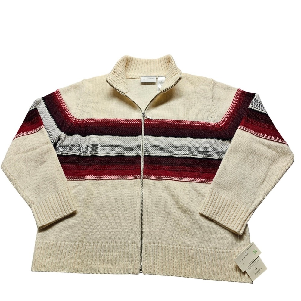 NWT Liz Claiborne Liz‎ & Co Size M Petite Full Zip Wool Blend Striped Sweater